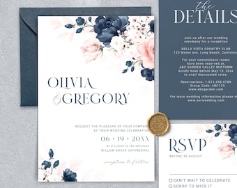 Navy Blue and Blush Pink Wedding Invitation Template Set, Printable Floral Wedding Invitation Bundle