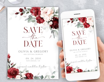 Save the Date Template with Digital Save the Date, Editable Brugundy Floral Save the Date, Printable template
