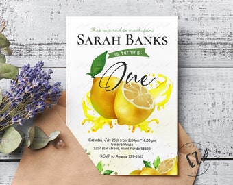 Lemon Birthday Invitation, Yellow Lemon Party, editable template
