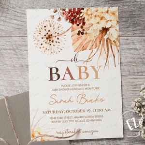 Boho Baby Shower Invitation, Terracotta Burnt Orange Oh Baby Invitation, editable template image 2