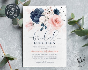 Navy Blue and Blush Pink Floral Invitation, Bridal shower Invitation, editable template