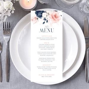 Wedding Menu Template, Navy Blue and Blush Pink Floral Menu Card, Wedding Table Menu, Printale template