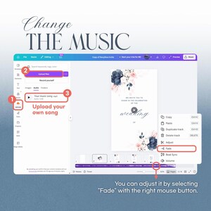 May include: A digital interface showing options to upload music and edit audio, with the text "Change THE MUSIC." The interface includes a wedding invitation design. The "Fade" option is highlighted for audio adjustment.