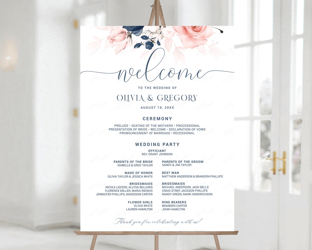 Wedding Program Sign Template, Navy Blue and Blush Pink Floral Sign ...