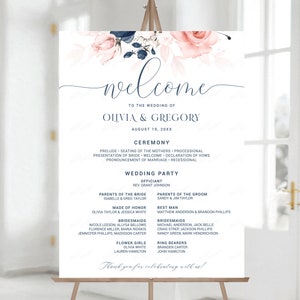 Puede incluir: Un programa de ceremonia de boda con un diseño floral en tonos rosa y azul. El programa incluye los nombres de los novios, Olivia y Gregory, la fecha de la boda, 19 de agosto de 20XX, y los nombres de los miembros de la boda.