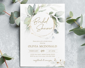 Bridal Shwer Invitation, Editable Greenery Eucalyptus Invitation, Green and Gold Printable template