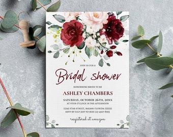 Burgundy and Blush Pink Invitation, Bridal shower Invitation, editable template