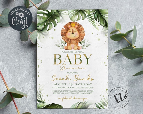 Jungle Lion Baby Shower Invitation, Safari Invitation, Editable Template