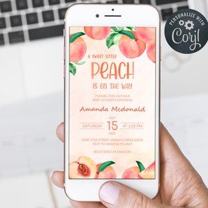 Sweet Little Peach Baby Shower Phone invitation, Baby Shower Digital Invitation, Editable Template.