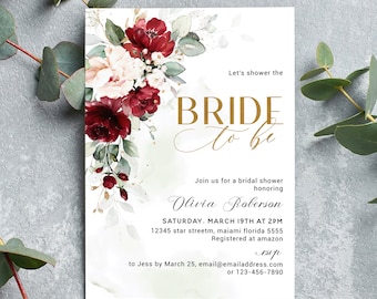 Brugundy Floral Bride to be Invitation Template, Editable Bridal Shower Invitation, Printable template
