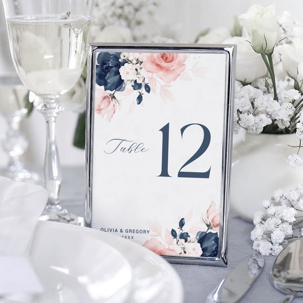 Table Number Template, Navy Blue and Blush Pink Floral Table Number Card, Printable Table Number, Editale template