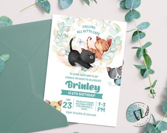 Cats kitten Birthday Invitation, Kitty Invitatiion, editable template