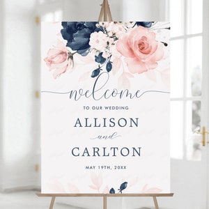 Wedding Welcome Sign Template, Navy Blue and Blush Pink Floral Form Board, Floral Printale Welcome Board, editable template