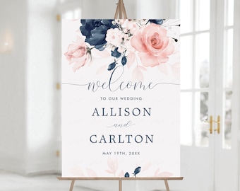 Wedding Welcome Sign Template, Navy Blue and Blush Pink Floral Form Board, Floral Printale Welcome Board, editable template