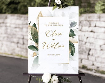 Eucalyptus Wedding Welcome Sign, Editable Gold Leaves Wedding Board, Printable template.