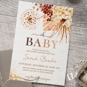 Boho Baby Shower Invitation, Terracotta Burnt Orange Oh Baby Invitation, editable template image 1