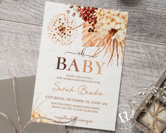 Boho Baby Shower Invitation, Terracotta Burnt Orange Oh Baby Invitation, editable template