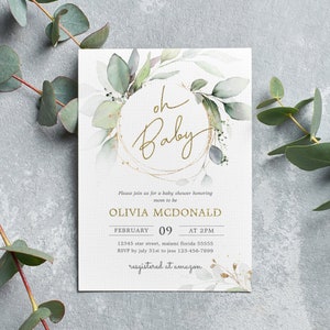 Oh Baby Shower Invitation, Greenery Eucalyptus Invitation, Printable template