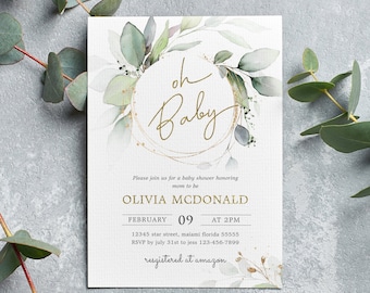 Oh Baby Shower Invitation, Greenery Eucalyptus Invitation, Printable template