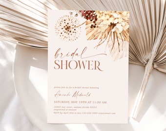 Boho Pampas Bridal Shwer Invitation, Editable Pampas Grass Invitation, Printable template