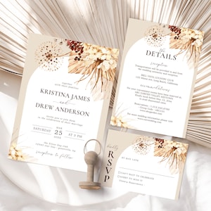 Boho Pampas Wedding Invitation Template Set, Editable Bohemian Invitation suite, Printable Wedding Invitation Bundle