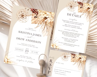 Boho Pampas Wedding Invitation Template Set, Editable Bohemian Invitation suite, Printable Wedding Invitation Bundle