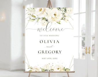 Wedding Welcome Sign Template, White Rose Florals Elegant Printale Welcome Board, editable template