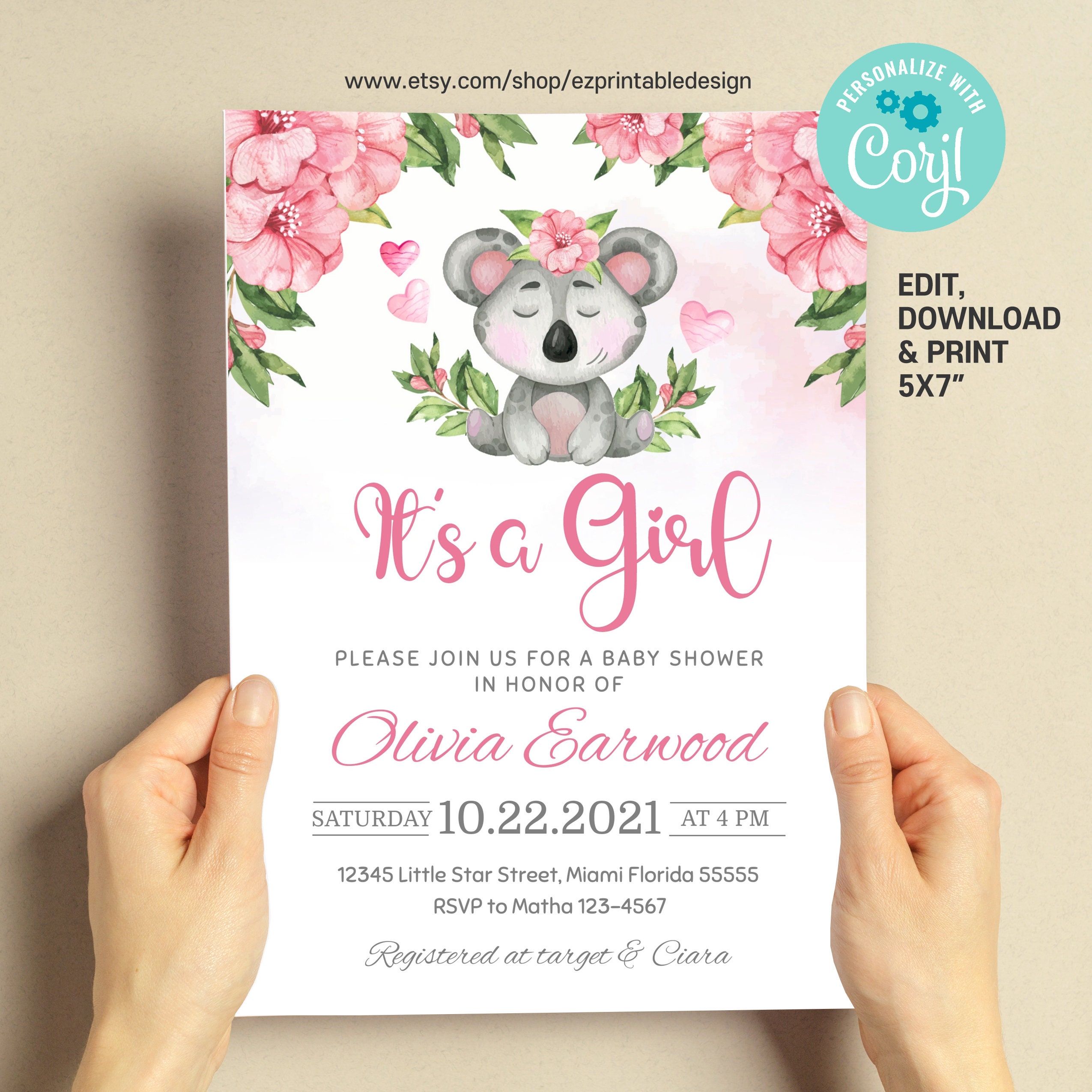 It's a Girl Invitation Baby Shower Koala Invitation Etsy UK