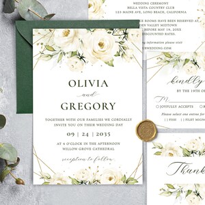Ensemble de modèles d’invitation de mariage, invitation élégante à fleurs de rose blanche, ensemble d’invitation de mariage imprimable