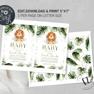 Pode incluir: Convite para ch&aacute; de beb&ecirc; imprim&iacute;vel de 12,7 x 17,8 cm com tema de selva. O convite apresenta um le&atilde;o com uma coroa e folhas tropicais verdes. O texto do convite diz "Por favor, junte-se a n&oacute;s para um ch&aacute; de beb&ecirc; em homenagem a Sarah Banks, no s&aacute;bado, 19 de agosto, &agrave;s quatro da tarde."