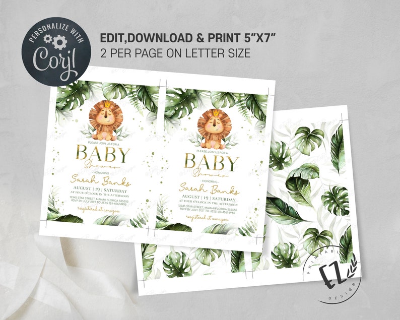 Pode incluir: Convite para ch&aacute; de beb&ecirc; imprim&iacute;vel de 12,7 x 17,8 cm com tema de selva. O convite apresenta um le&atilde;o com uma coroa e folhas tropicais verdes. O texto do convite diz "Por favor, junte-se a n&oacute;s para um ch&aacute; de beb&ecirc; em homenagem a Sarah Banks, no s&aacute;bado, 19 de agosto, &agrave;s quatro da tarde."