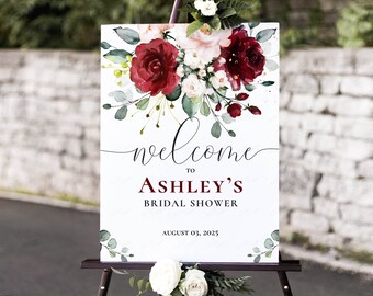 Burgundy and Blush Pink Flowers Welcome Sign, Bridal Shower Welcome Sign, editable template