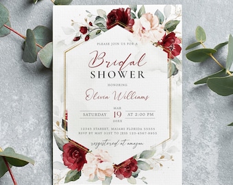 Burgundy Bridal Shower Invitation Template, Floral Geometric Invitation, Printable template