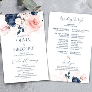 May include: Wedding ceremony program with a floral design featuring pink and blue flowers. The program includes the order of ceremony, wedding party, and a thank you message.