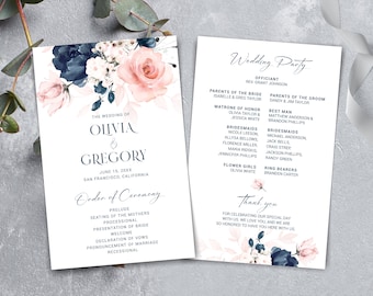 Navy Blue and Blush Pink Wedding Program, Order of Service, Timeline Ceremony Program Template