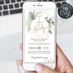 Oh Baby Shower Phone invitation, Greenery Eucalyptus Baby Shower Digital Invitation, Editable Template.