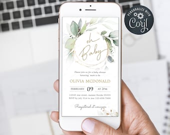 Oh Baby Shower Phone invitation, Greenery Eucalyptus Baby Shower Digital Invitation, Editable Template.