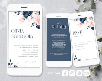 Navy Blue and Blush Pink Electronic Wedding Invitation Template Set, Editable Smart Phone Floral Wedding Invitation Bundle