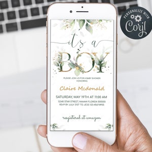 Greenery Boy Baby Shower Phone invitation, It's a Boy Baby Shower Digital Invitation, Editable Template.