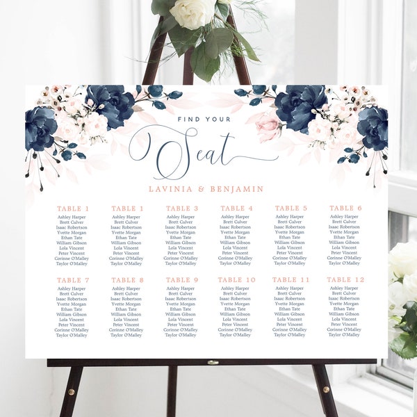 Wedding Seating chart Sign, Navy Blue and Blush Pink Floral Sign Template, Wedding Seating Plan, Printale template