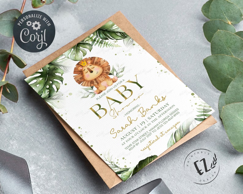 Pode incluir: Um convite para um ch&aacute; de beb&ecirc; com tema de selva. O convite apresenta uma ilustra&ccedil;&atilde;o em aquarela de um le&atilde;o com uma coroa, cercado por folhas verdes. O texto no convite diz: "Por favor, junte-se a n&oacute;s para um ch&aacute; de beb&ecirc; - Em homenagem a Sarah Banks, 19 de agosto | S&aacute;bado, &agrave;s quatro da tarde, 12345 Star Street, Majami Fl&oacute;rida 555555, RSVP at&eacute; 31 de julho para Jess 123-4567-8955, registrado na amazon".