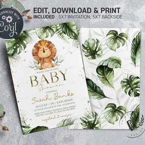 Pode incluir: Um convite para ch&aacute; de beb&ecirc; imprim&iacute;vel com tema de selva. O convite apresenta um le&atilde;o de desenho animado usando uma coroa e cercado por folhas verdes. O texto do convite diz "Por favor, junte-se a n&oacute;s para um Ch&aacute; de Beb&ecirc; em homenagem a Sarah Banks".
