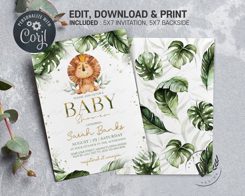Pode incluir: Um convite para ch&aacute; de beb&ecirc; imprim&iacute;vel com tema de selva. O convite apresenta um le&atilde;o de desenho animado usando uma coroa e cercado por folhas verdes. O texto do convite diz "Por favor, junte-se a n&oacute;s para um Ch&aacute; de Beb&ecirc; em homenagem a Sarah Banks".