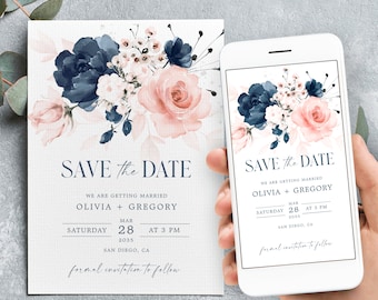 Save the Date Template with Digital Save the Date, Editable Navy Blue and Blush Pink Save the Date, Printable template