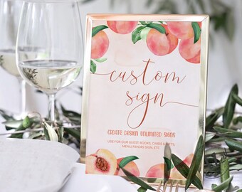 May include: A peach-themed sign with a gold frame that says "custom sign" and "create design unlimited signs" with the text "use for our guest books, cards & gifts, menu, favours sign, etc."