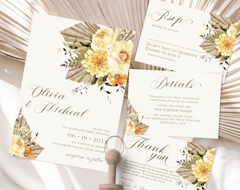 LemonCream Floral Wedding Invitation Set, Boho Wedding Invitation Bundle, Printable Template.