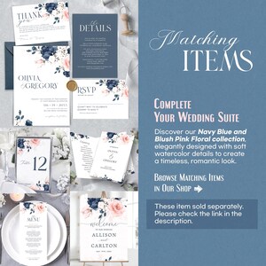 May include: A selection of navy blue and blush pink wedding stationery, including invitations, RSVP cards, and menus. Floral designs and elegant typography are featured on the cards. The text "Matching Items" and "Complete Your Wedding Suite" are also visible.