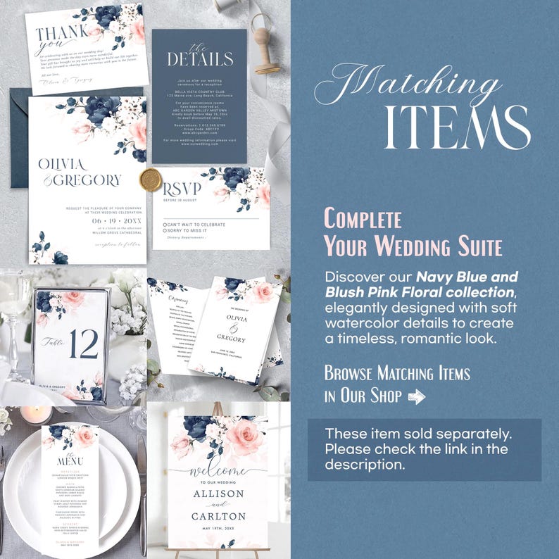 May include: A selection of navy blue and blush pink wedding stationery, including invitations, RSVP cards, and menus. Floral designs and elegant typography are featured on the cards. The text "Matching Items" and "Complete Your Wedding Suite" are also visible.