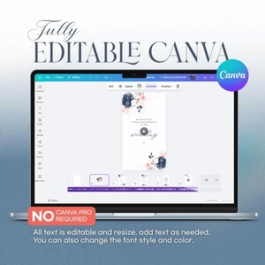 May include: A laptop screen shows a Canva interface with the text "Fully Editable Canva." The design is a wedding invitation template with floral details. The text "NO CANVA PRO REQUIRED" is visible. All text is editable.