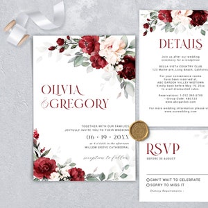 Ensemble de modèles d’invitation de mariage floral de Bourgogne, modèle d’invitation de mariage floral imprimable
